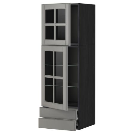 Навесной шкаф, 2 стеклянные дверцы, 2 ящика МЕТОД / ФОРВАРА, черный, Будбин серый