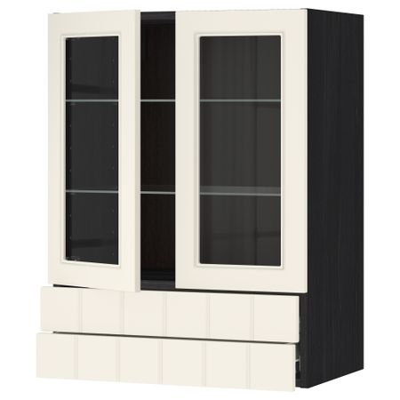 Навесной шкаф, 2 стеклянные дверцы, 2 ящика МЕТОД / ФОРВАРА, черный, Хитарп белый с оттенком