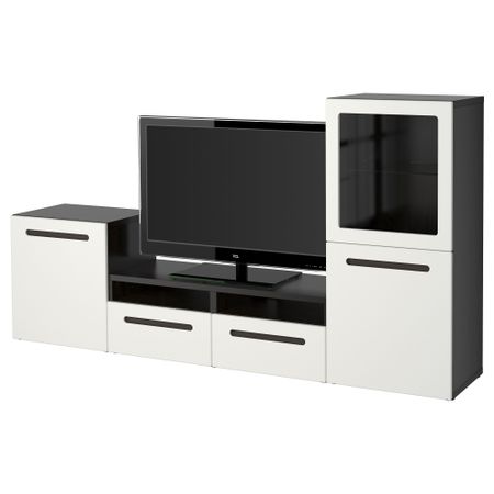 Шкаф для ТВ, комбинированный, стекляные дверцы БЕСТО, черно-коричневый, Марвикен белый прозрачное стекло (240x40x128 см)