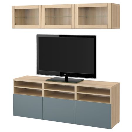 Шкаф для ТВ, комбинированный, стекляные дверцы БЕСТО, под беленый дуб, Вальвикен серо-бирюзовый, прозрачное стекло (180x40x192