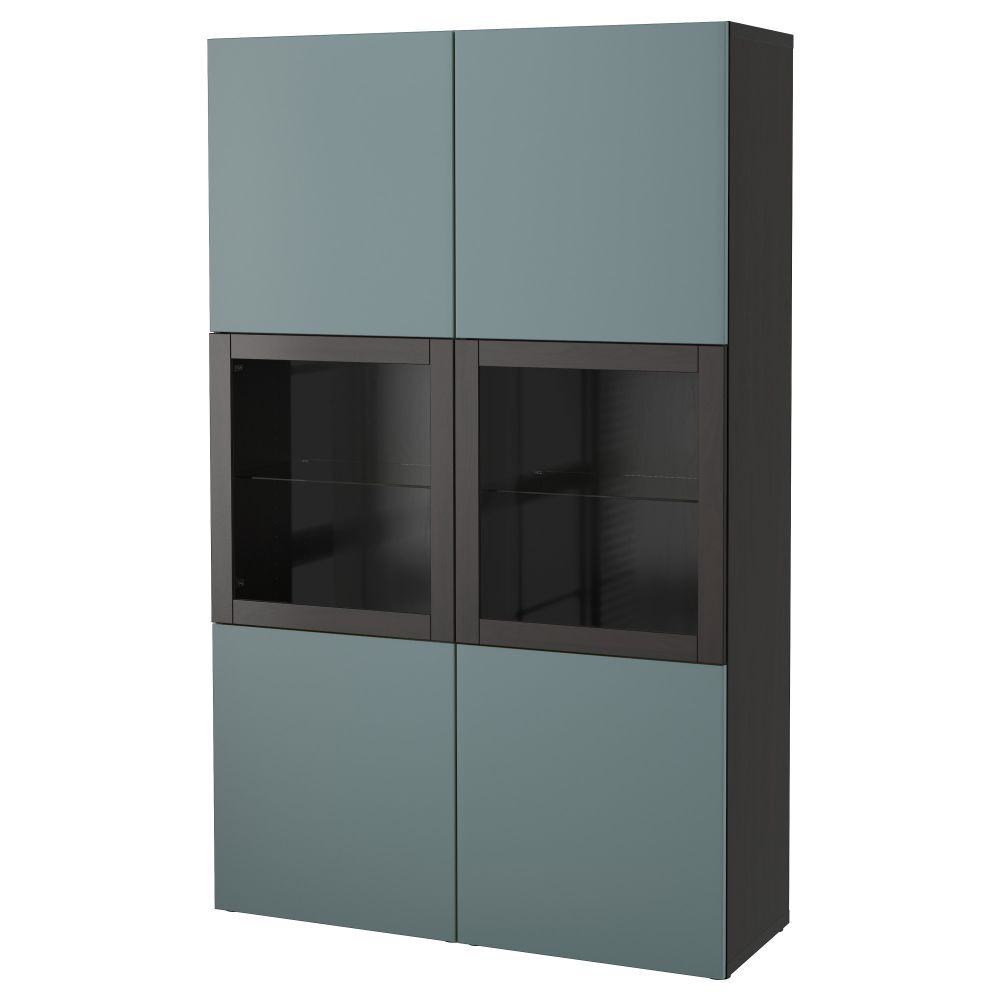 Комбинация для хранения со стеклянными дверцами БЕСТО, черно-коричневый, Вальвикен серо-бирюзовый, прозрачное стекло - фото 1