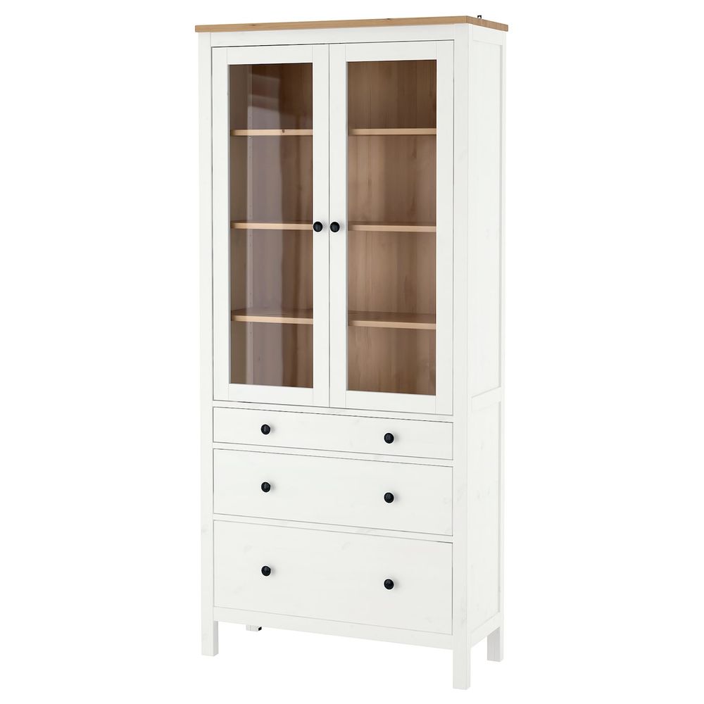 Шкаф-витрина с 3 ящиками, белая морилка/светло-коричневый 90x197 см IKEA HEMNES ХЕМНЭС 904.135.05 - фото 1
