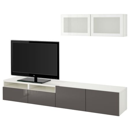 Шкаф для ТВ, комбинированный, стекляные дверцы БЕСТО, белый, Сельсвикен глянцевый/серый матовое стекло (240x20/40x166 см)