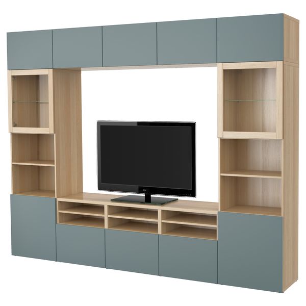 Шкаф для ТВ, комбинированный, стекляные дверцы БЕСТО, под беленый дуб, Вальвикен серо-бирюзовый, прозрачное стекло (300x40x230 - фото 1