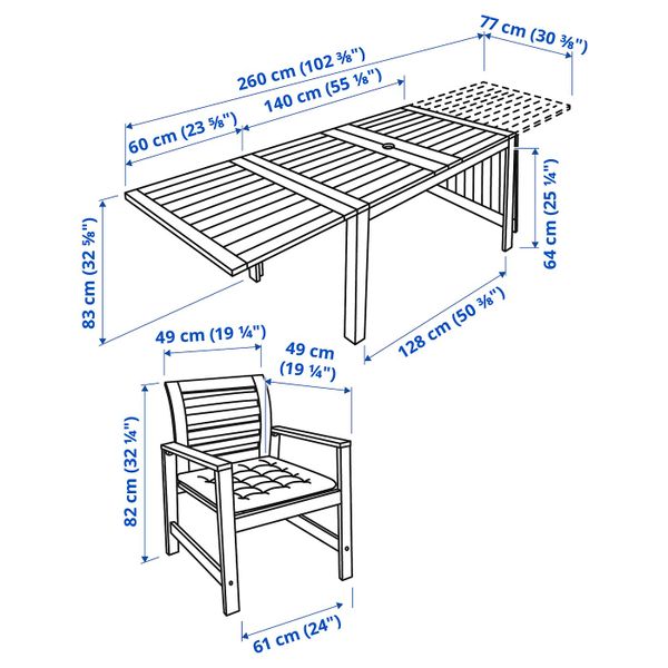 Стол + 4 кресла, для/сада, коричневая морилка/Куддарна бежевый IKEA ÄPPLARÖ ЭПЛАРО 392.894.15 - схема-чертеж с размерами