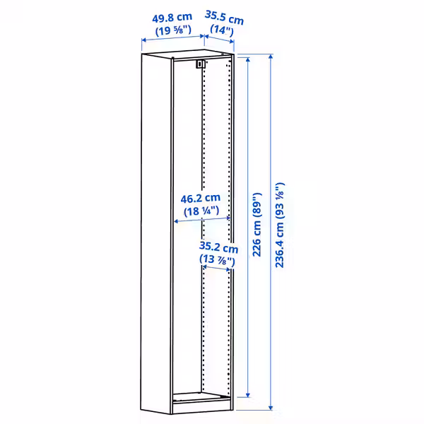 PAX Каркас гардероба - под беленый дуб 50x35x236 см - схема-чертеж с размерами
