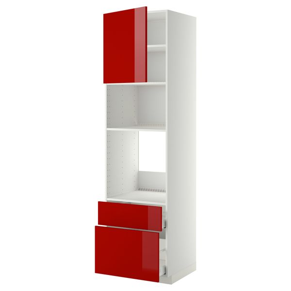 Высокий шкаф для духовки/СВЧ дверца, 2 ящика МЕТОД / МАКСИМЕРА, белый, Рингульт красный - схема-чертеж с размерами