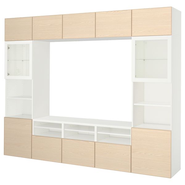 Шкаф для ТВ, комбинированный, стекляные дверцы БЕСТО, белый Инвикен, ясеневый шпон прозрачное стекло (300x40x230 см) - фото 1