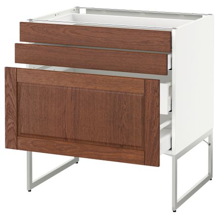 Напольный шкаф 3 фронтальных панели, 2 нижних, 2 средних ящика МЕТОД / МАКСИМЕРА, белый, Филипстад коричневый