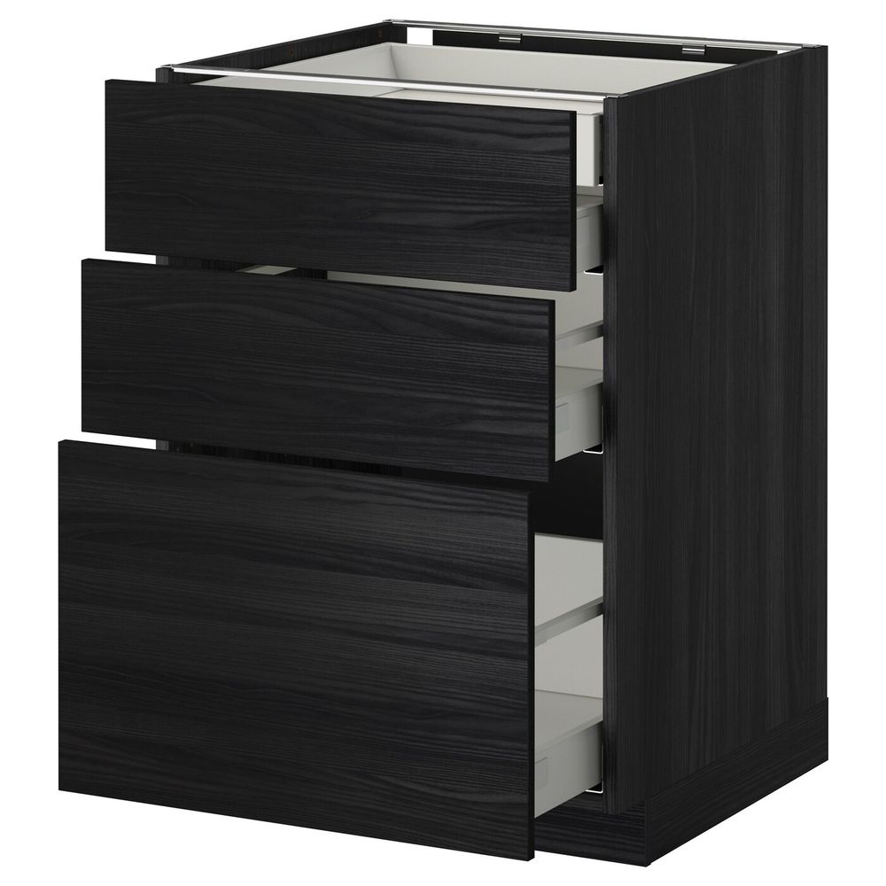 Напольный шкаф 3 фронтальные панели, 2 низких, 1 средний, 1 встроенный ящ, черный, Тингсрид черный 60x60 см IKEA МЕТОД / - фото 1