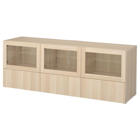 Тумба под ТВ, с дверцами и ящиками, 180x40x64 см, Lappviken, Sindvik под беленый дуб, прозрачное стелко IKEA BESTÅ БЕСТО