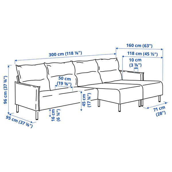 MANNARP 4-местный диван с козетками - Saxemara черно-синий - схема-чертеж с размерами