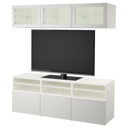Шкаф для ТВ, комбинированный, стекляные дверцы БЕСТО, белый Синдвик, Лаппвикен светло-серый прозрачное стекло (180x40x192 см)