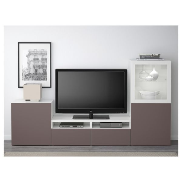 Шкаф для ТВ, комбинированный, стекляные дверцы БЕСТО, белый, Вальвикен темно-коричневый, прозрачное стекло (240x40x128 см) - фото 2