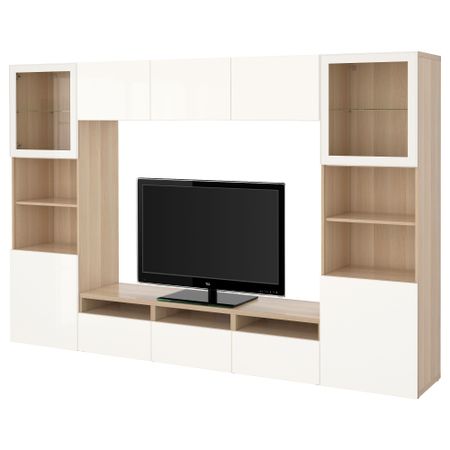 Шкаф для ТВ, комбинированный, стекляные дверцы БЕСТО, под беленый дуб, Сельсвикен глянцевый/белый прозрачное стекло (300x40x192