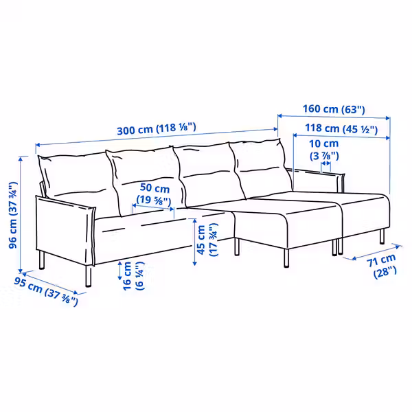 MANNARP 4-местный диван с козетками - Gunnared бежевый - схема-чертеж с размерами