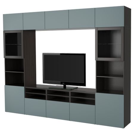 Шкаф для ТВ, комбинированный, стекляные дверцы БЕСТО, черно-коричневый, Вальвикен серо-бирюзовый, прозрачное стекло (300x40x230