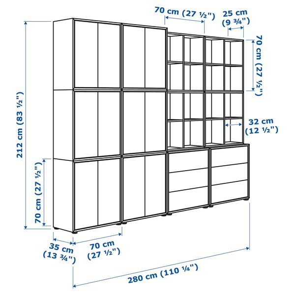 Комбинация шкафов с ножками ЭКЕТ, белый/оранжевый, светло-оранжевый (280x35x212 см) - схема-чертеж с размерами