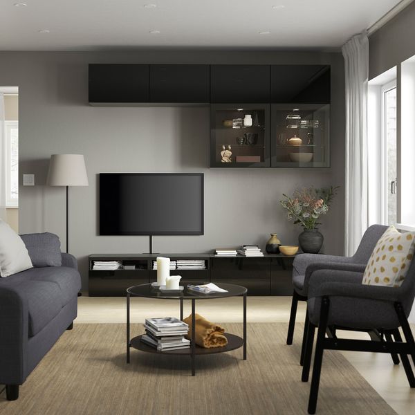 Шкаф для ТВ, комбинированный, стекляные дверцы, черно-коричневый/Сельсвикен глянцевый, черный прозрачное стекло 240x42x231 см - фото 3