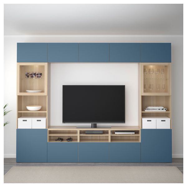 Шкаф для ТВ, комбинированный, стекляные дверцы БЕСТО, под беленый дуб Вальвикен, темно-синий прозрачное стекло (300x40x230 см) - фото 2