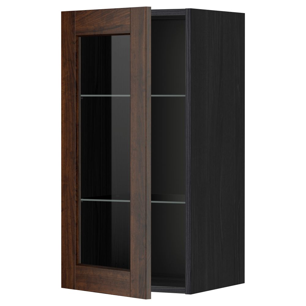 Навесной шкаф с полками, стекляными дверцы МЕТОД, черный, Эдсерум коричневый - схема-чертеж с размерами