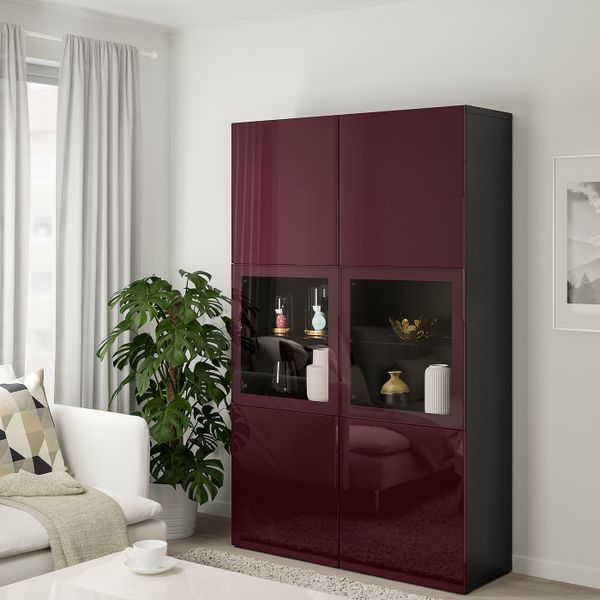 Комбинация для хранения + стеклянная дверц, черно-коричневый Сельсвикен/темный красно-коричневый прозрачное стекло 120x42x192 см - схема-чертеж с размерами