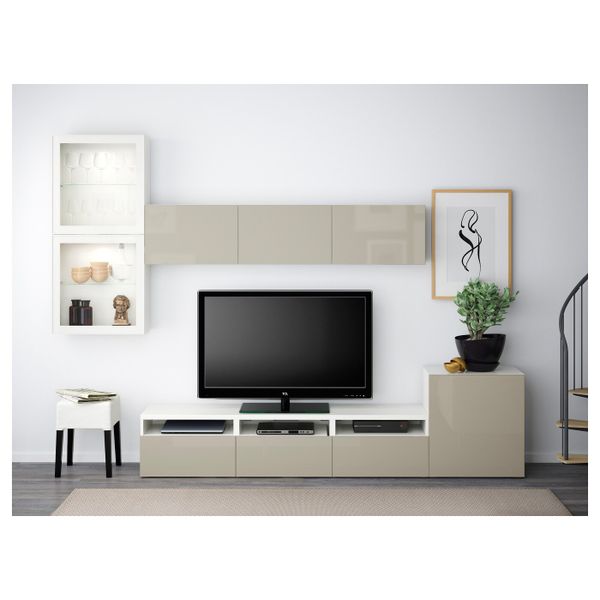 Шкаф для ТВ, комбинированный, стекляные дверцы, белый, Сельсвикен глянцевый/бежевый прозрачное стекло, 300x20/40x211 см IKEA - фото 3