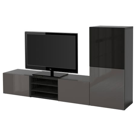Шкаф для ТВ, комбинированный, стекляные дверцы БЕСТО, черно-коричневый, Сельсвикен глянцевый/серый дымчатое стекло (240x40x128
