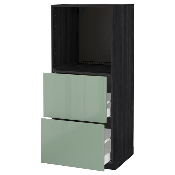 Высокий шкаф с 2 ящиками для духовки МЕТОД / МАКСИМЕРА, черный, Калларп светло-зеленый (60x60x140 см) - схема-чертеж с размерами