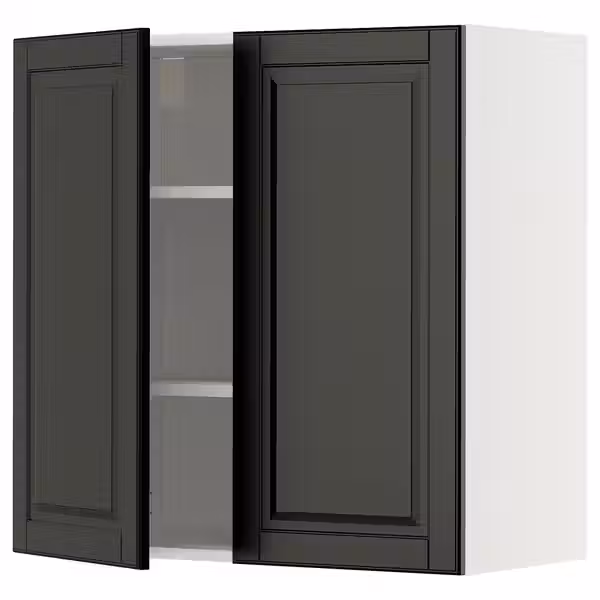 METOD Навесной шкаф с полками/2дверцы - белый/Bodbyn чёрный 80x80 см - фото 1