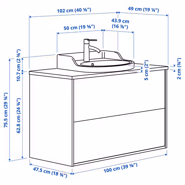 TÄNNFORSEN ТАННФОРСЕН / RUTSJÖN РУТШЁН Шкаф с ящиками/раковина/смеситель - схема-чертеж с размерами