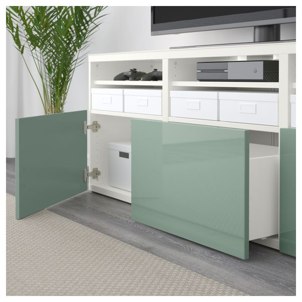 Шкаф для ТВ, комбинированный, стекляные дверцы БЕСТО, белый Сельсвикен, глянцевый/серо-зеленый светлый прозрачное стекло - фото 3