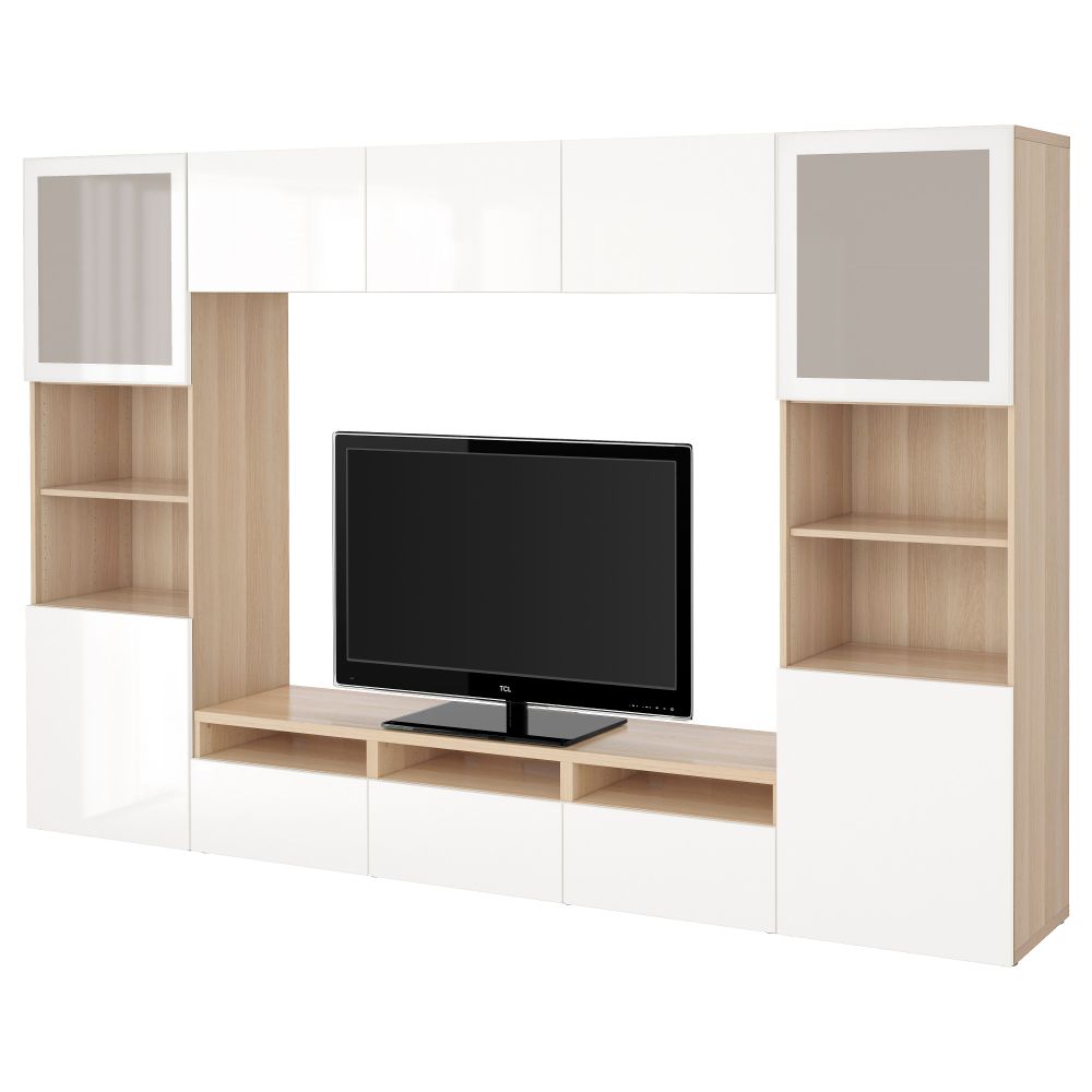 Шкаф для ТВ, комбинированный, стекляные дверцы БЕСТО, под беленый дуб, Сельсвикен глянцевый/белый матовое стекло (300x40x192 см) - фото 1