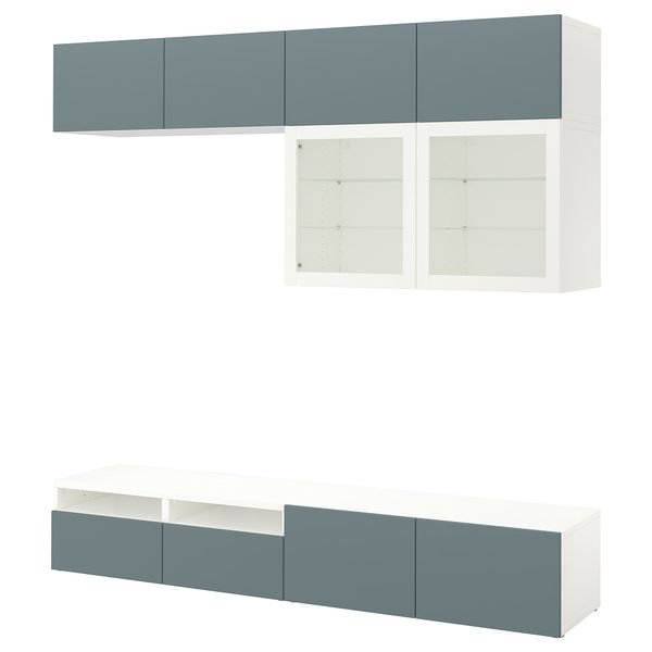 Шкаф для ТВ, комбинированный, стекляные дверцы БЕСТО, белый, Вальвикен серо-бирюзовый, прозрачное стекло (240x40x230 см) - фото 1