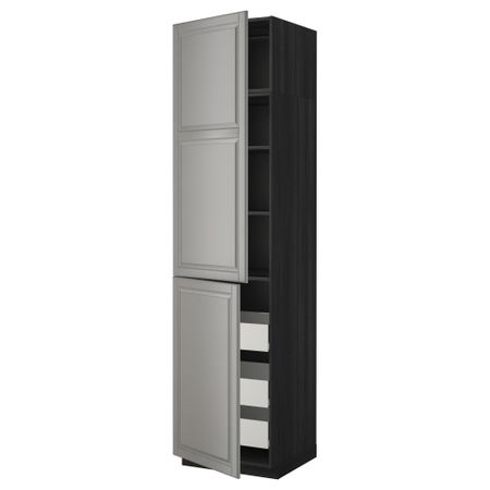 Высокий шкаф + полки, 3 ящика, 2 дверцы МЕТОД / ФОРВАРА, черный, Будбин серый