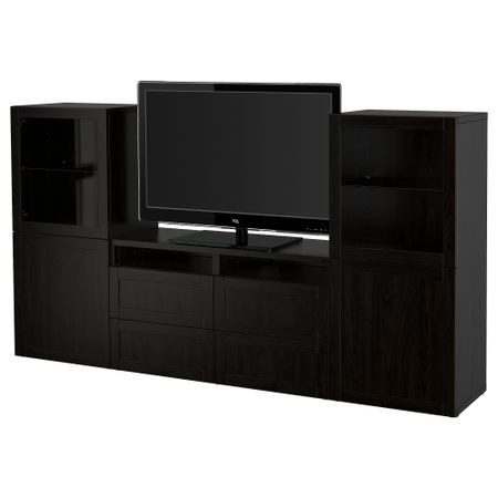 Шкаф для ТВ, комбинированный, стекляные дверцы БЕСТО, Ханвикен, Синдвик черно-коричневый прозрачное стекло (240x40x128 см)