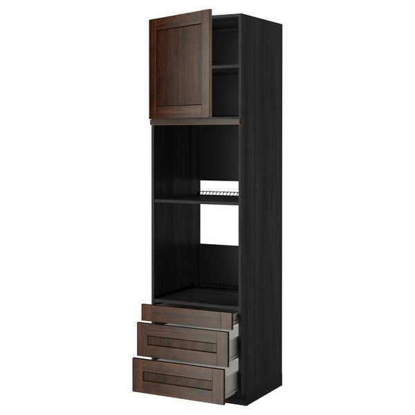 Высокий шкаф для духовки комбинированный, духовка + дверца, 3 ящика МЕТОД / ФОРВАРА, черный, Эдсерум коричневый - фото 1