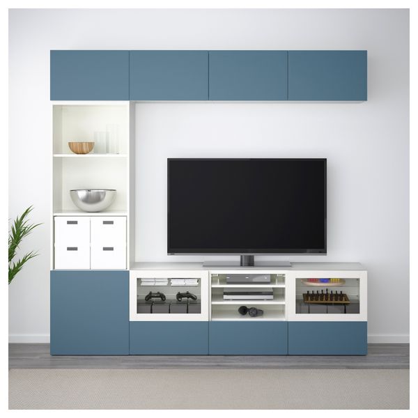 Шкаф для ТВ, комбинированный, стекляные дверцы БЕСТО, белый Вальвикен, темно-синий прозрачное стекло (240x40x230 см) - фото 2