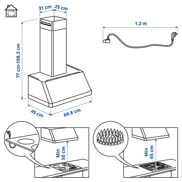 Вытяжка кухонная стен крепления (колпак), черный, 70 см IKEA FOKUSERA ФОКУСЕРА 205.269.97 - схема-чертеж с размерами