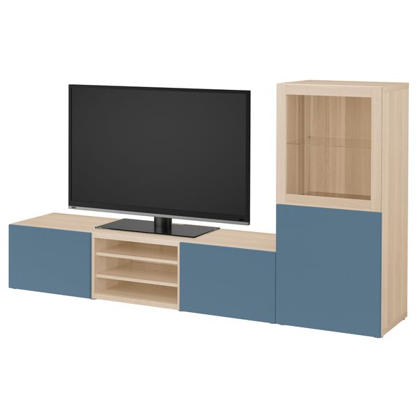 Шкаф для ТВ, комбинированный, стекляные дверцы БЕСТО, под беленый дуб Вальвикен, темно-синий прозрачное стекло (240x40x128 см) - фото 1