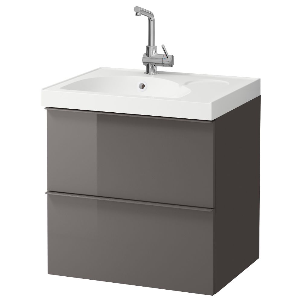 Шкаф для раковины с 2 ящиками ГОДМОРГОН / ЭДЕБОВИКЕН, глянцевый серый (60x49x64 см) - фото 1