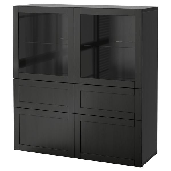 Комбинация для хранения + стеклянная дверцами, 120x40x128 см, Hanviken, Sindvik черно-коричневый прозрачное стекло IKEA BESTÅ - фото 2