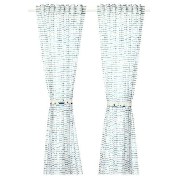 Гардины с прихватом, 2 шт., орнамент «волны/корабли»/синий 120x300 см IKEA UPPTÅG УППТОГ 204.402.77 - фото 1