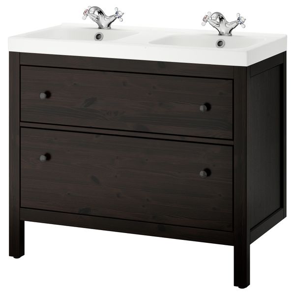 Шкаф для раковины с 2 ящиками ХЕМНЭС / ОДЕНСВИК, морилка черно-коричнев (100x49x89 см) - фото 2