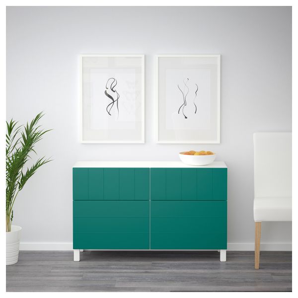 Комбинация для хранения с дверцами, ящиками БЕСТО, белый, Халлставик сине-зеленый (120x40x74 см) - фото 2