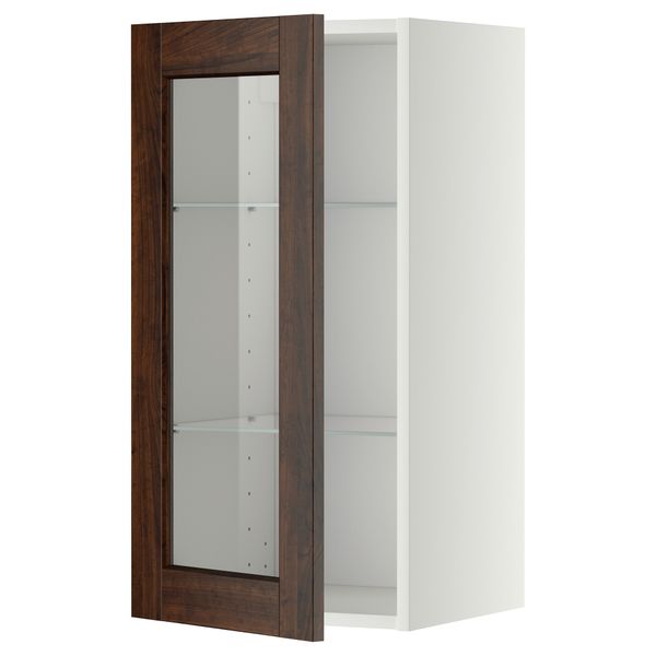 Навесной шкаф с полками, стекляными дверцы МЕТОД, белый, Эдсерум коричневый - схема-чертеж с размерами