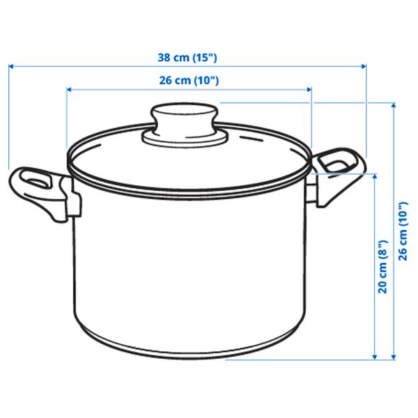 Кастрюля с крышкой, 10 л, стекло, нержавеющая сталь IKEA ANNONS АННОНС 303.264.22 - схема-чертеж с размерами