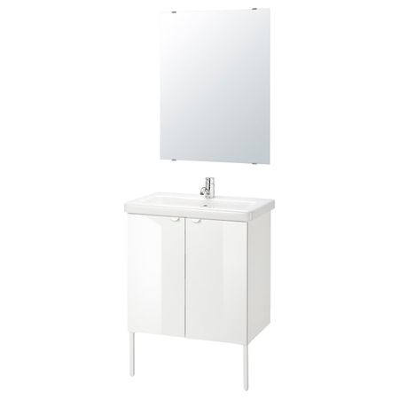 Комплект мебели для ванной,7 предм., глянцевый белый/ПИЛКОН смеситель 64x43x88 см IKEA FISKÅN ФИСКОН / TVÄLLEN ТВЭЛЛЕН