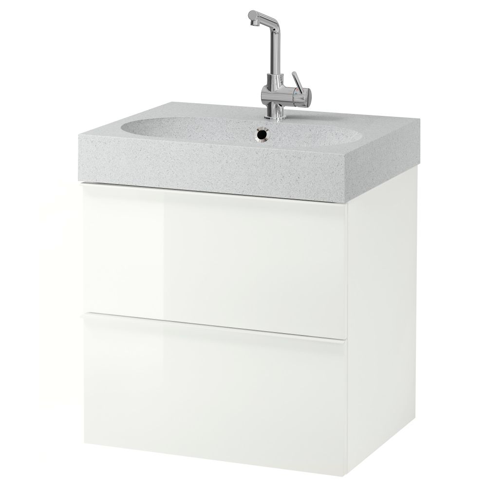 Шкаф для раковины с 2 ящиками ГОДМОРГОН / БРОВИКЕН, глянцевый белый, светло-серый (60x49x68 см) - фото 1