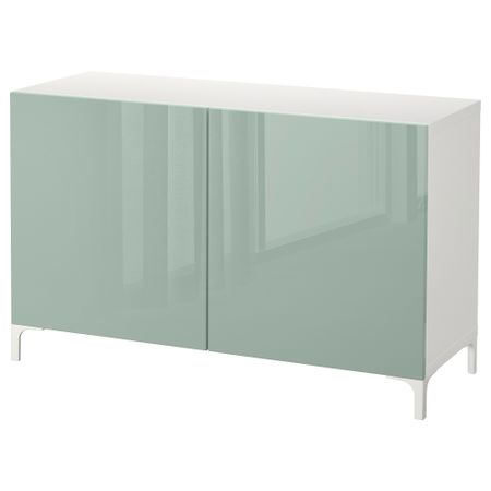 Комбинация для хранения с дверцами БЕСТО, белый, Сельсвикен глянцевый/серо-зеленый светлый (120x40x74 см)